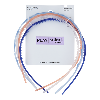 Scunci Play Comfortable Fit Jelly Plastic Wide Teeth Headbands, Assorted Colors, 4-Pieces