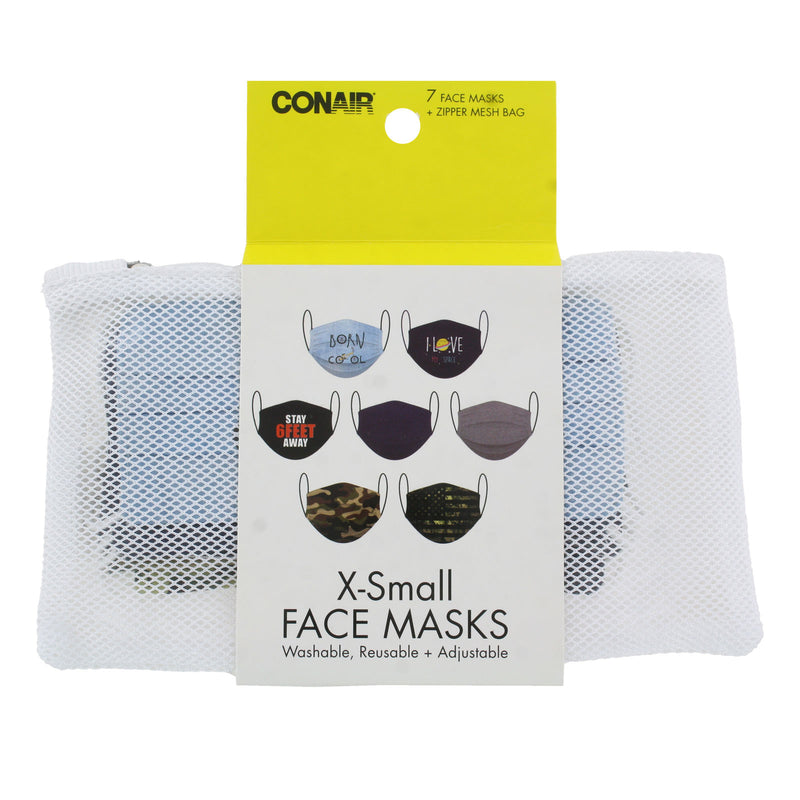 Conair Fashion Washable X-Small Face Mask with Zipper Mesh Bag, 7 Pack (Styles may vary)