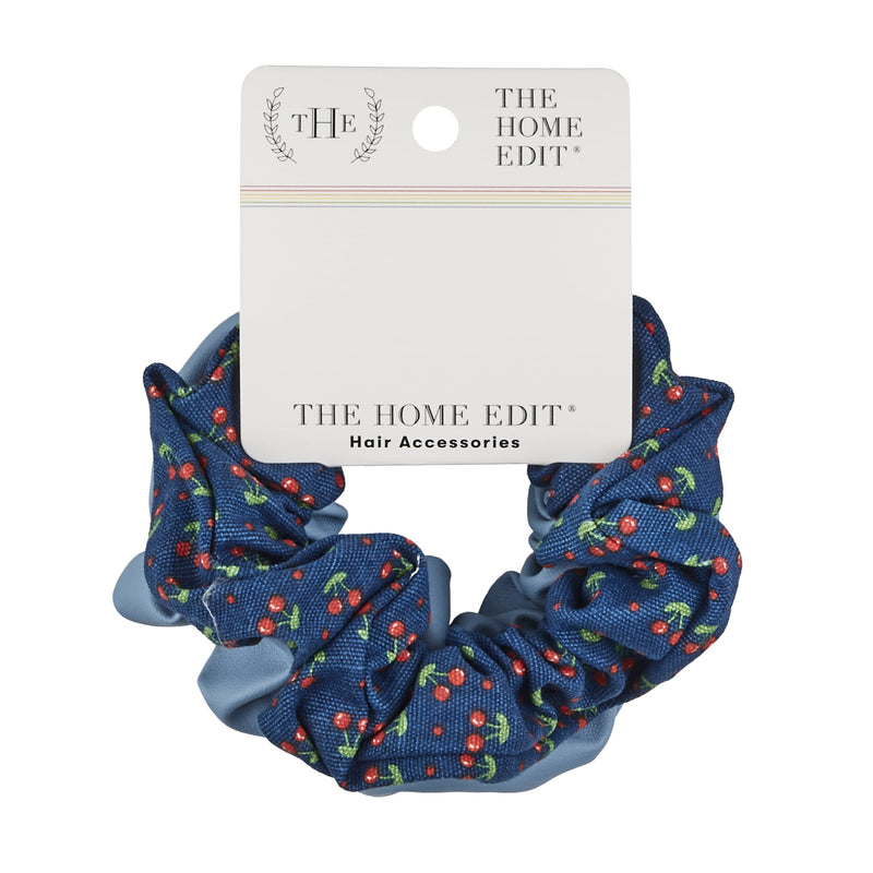 The Home Edit Scrunchie Hair Ties, Blue Faux Leather and Cherry Print, 2-Count