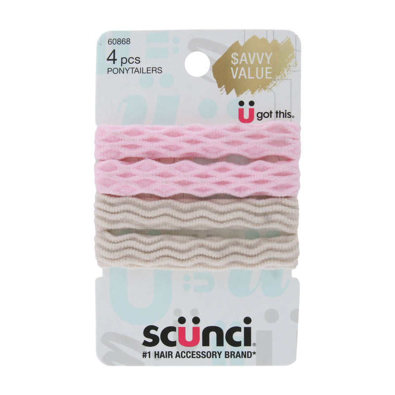 Scunci No Damage Super Comfy Textured Hosiery Hair Elastics, Assorted Colors, 4-Pieces