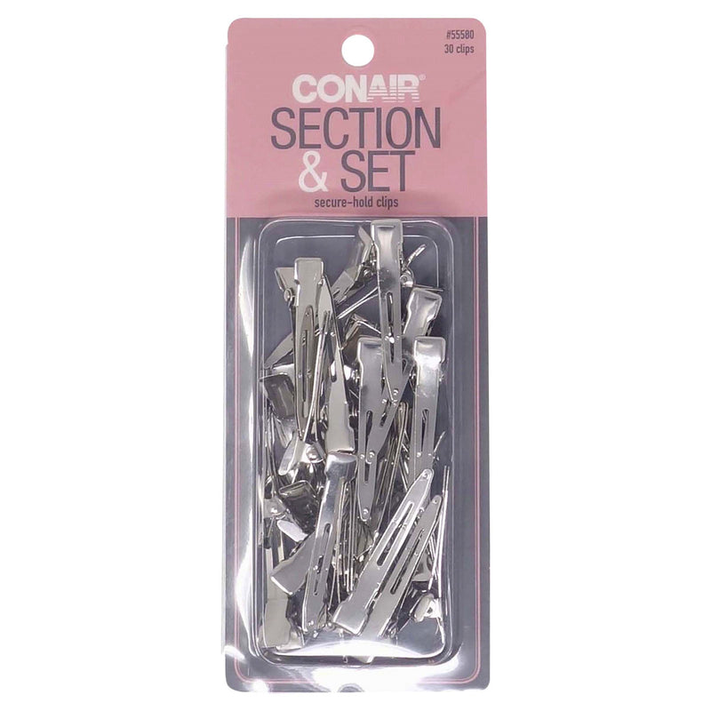 Conair Section and Set Single Prong Clips, Silver, 30-Count