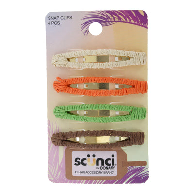Scunci by Conair Snap Clips, 4-Piece Set, Woven Fabric Design, Assorted Neutral Colors, Strong Hold for All Hair Types