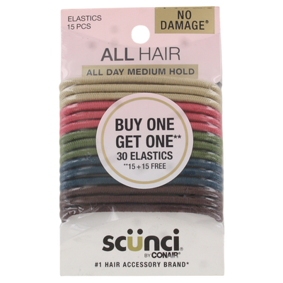 Scunci No Damage Hair Elastics, Earth Tone & Black Combo, 30-Count (15 Assorted + 15 Black) – Medium Hold, Gentle on Hair