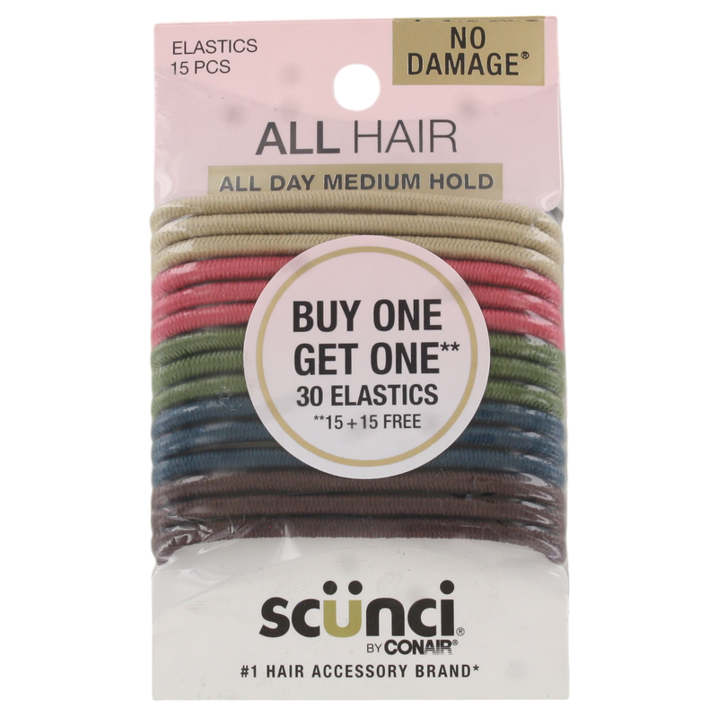 Scunci No Damage Hair Elastics, Earth Tone & Black Combo, 30-Count (15 Assorted + 15 Black) – Medium Hold, Gentle on Hair