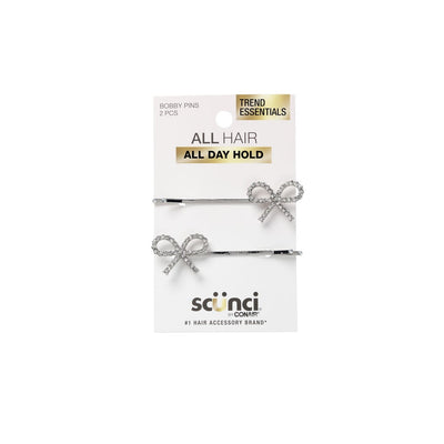 Scunci Trend Essentials Bobby Pins, 2-Pack, Silver or Gold with Rhinestone Bow Design, All-Day Hold, Fashion Hair Accessory for All Hair Types
