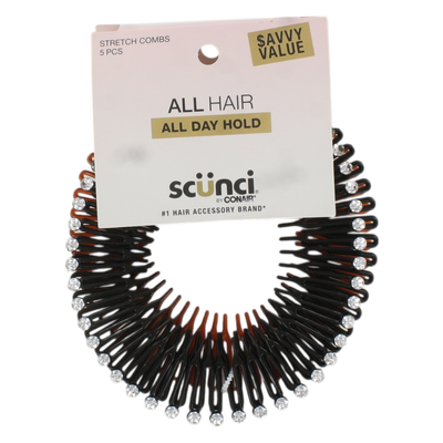 Scunci Stretch Combs for All Hair Types – Secure All-Day Hold, Flexible & Comfortable Plastic Design, Black with Rhinestone Accents, 5-Piece Value Pack – Stylish & Functional Hair Accessories