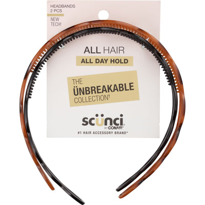 Scunci Unbreakable All Day Hold Headband, Black/Brown, 2-Count