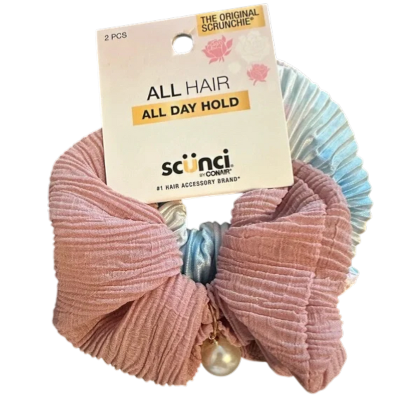 Scunci The Original Scrunchie All Hair All Day Hold Scrunchies, Assorted Pink & Blue Ribbed Velvet, Soft No-Damage Hair Ties for Ponytails & Buns, 2 Count