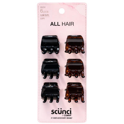 Scunci All Hair Mini Claw Clips, Black & Tortoise, 6-Pack – Small Hair Clips for Thick, Thin & Medium Hair, Strong Hold Jaw Clips for Half-Up Styles & Everyday Styling