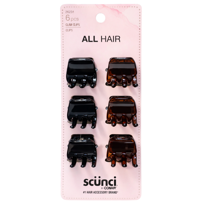 Scunci All Hair Mini Claw Clips, Black & Tortoise, 6-Pack – Small Hair Clips for Thick, Thin & Medium Hair, Strong Hold Jaw Clips for Half-Up Styles & Everyday Styling