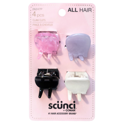 Scunci Mini Claw Clips for All Hair Types, Assorted Pink, Purple, Black & White, Strong Hold Jaw Hair Clips for Women & Girls, Everyday Styling Accessories, 4 Count