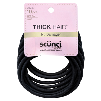 Scunci No Damage Thick Hair Elastics, Black Ponytail Holders for Thick & Curly Hair, Strong Hold Hair Ties, All Day Secure Fit, 10 Count