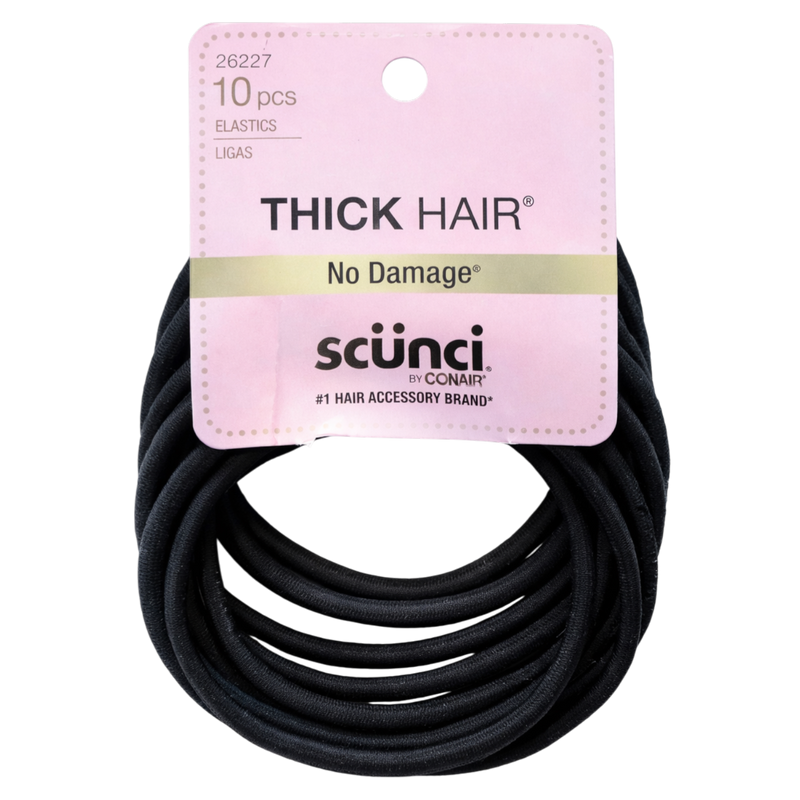Scunci No Damage Thick Hair Elastics, Black Ponytail Holders for Thick & Curly Hair, Strong Hold Hair Ties, All Day Secure Fit, 10 Count