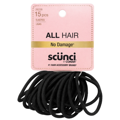 Scunci No Damage Hair Elastics for All Hair Types, Black Ponytail Holders, Strong Hold Hair Ties for Women & Girls, Everyday Styling, 15 Count