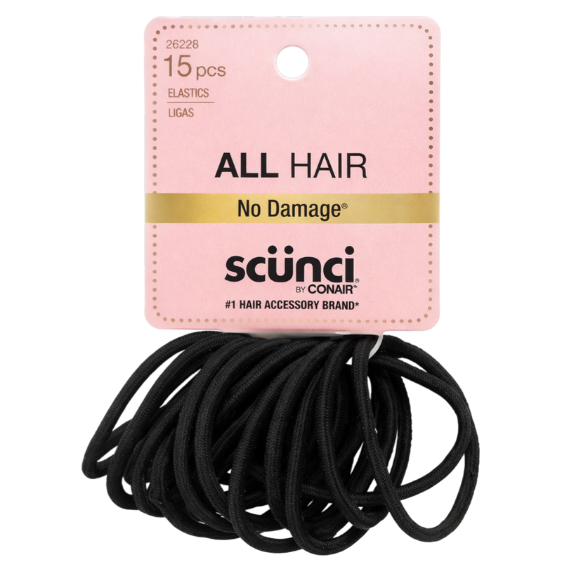 Scunci No Damage Hair Elastics for All Hair Types, Black Ponytail Holders, Strong Hold Hair Ties for Women & Girls, Everyday Styling, 15 Count