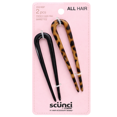 Scunci All Hair French Hair Pins 2-Pack – Tortoise & Black U-Shaped Hair Sticks for Bun, Twist & Updo Styling – Secure Hold Barrettes for Thick, Curly & Fine Hair