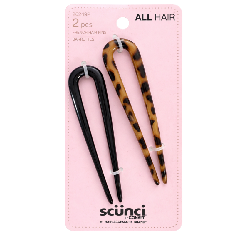 Scunci All Hair French Hair Pins 2-Pack – Tortoise & Black U-Shaped Hair Sticks for Bun, Twist & Updo Styling – Secure Hold Barrettes for Thick, Curly & Fine Hair