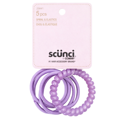 Scunci Spiral & Elastic Hair Ties, 5-Pack, Mixed Hair Elastics & Telephone Cord Ponytail Holders, No-Damage All-Day Hold for All Hair Types, Assorted Colors (Color May Vary)