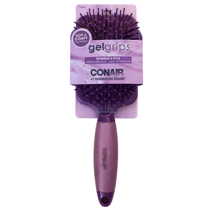 Conair Gel Grips Wide Paddle Hair Brush – Soft Gel Handle, Detangles Wet or Dry Hair, Smooths & Styles All Hair Types, Berry